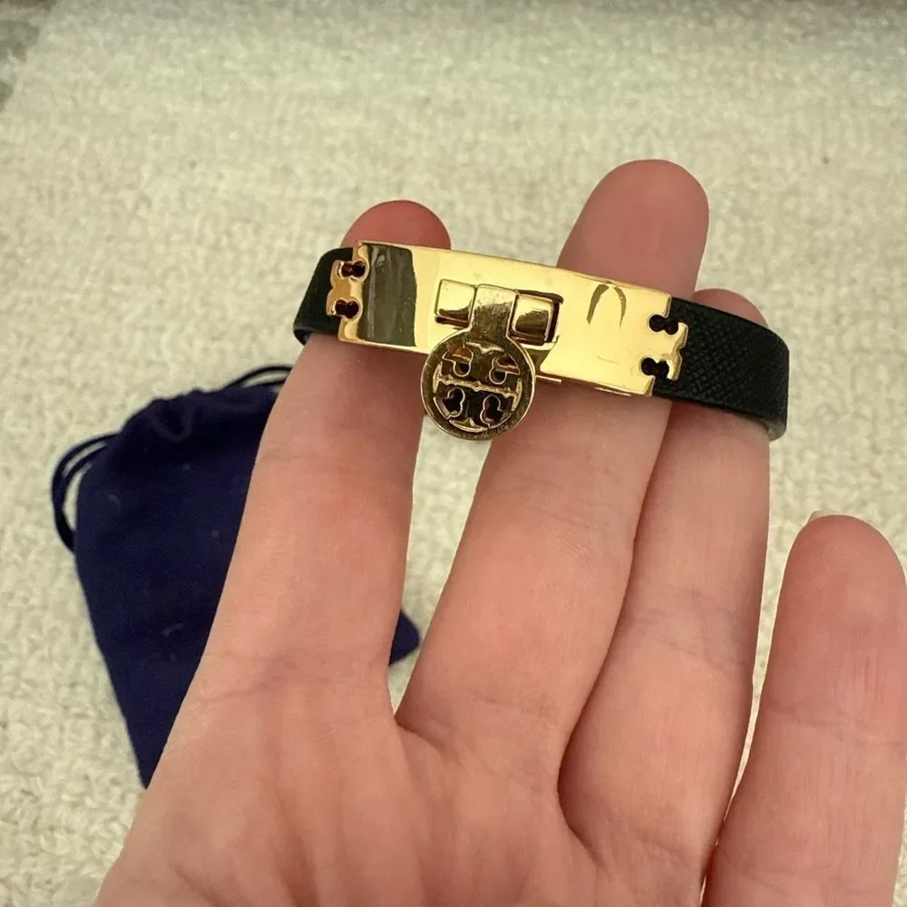 Tory Burch Logo Turnlock Leather Bracelet Black and Gold